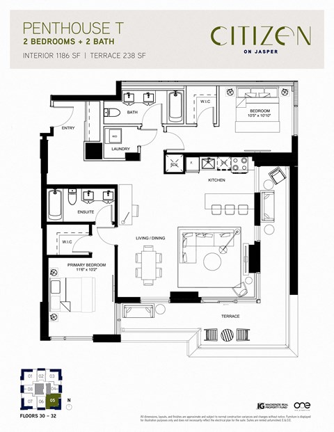 Floor plan for 2 beds, 2 baths, 1186 sqft